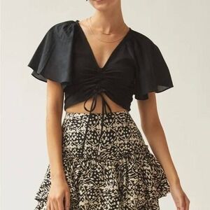 Anthropologie Maeve Flutter Sleeve Cinch‎ Front Crop Top Blouse Black XS